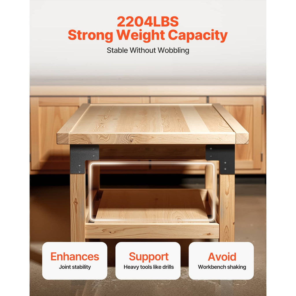 Black L-shaped corner bracket supporting a wooden workbench with mounting holes