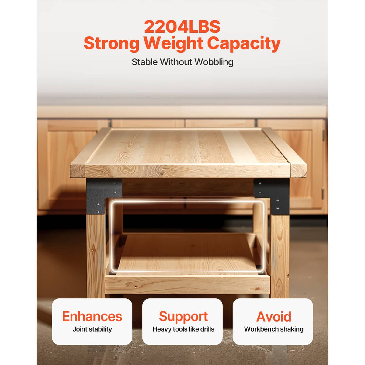 Black L-shaped corner bracket supporting a wooden workbench with mounting holes