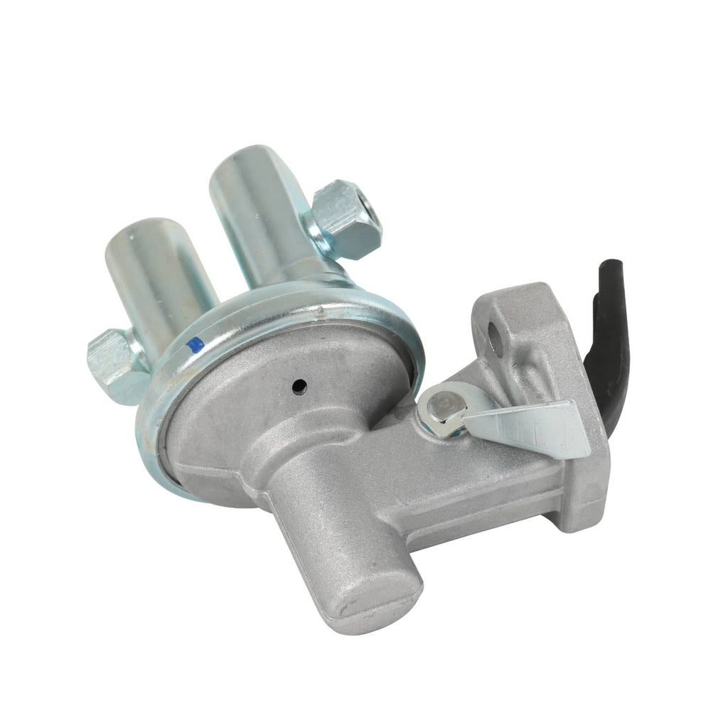 Fuel lift transfer pump with silver-gray body, mounting bracket, and two metal ports