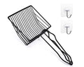 Black metal cat litter scoop with long handle and slotted scoop basket