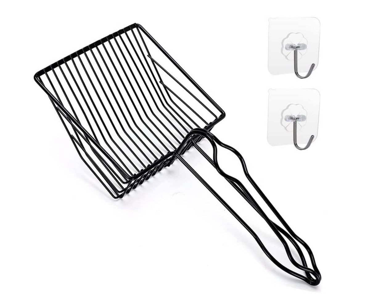Black metal cat litter scoop with long handle and slotted scoop basket
