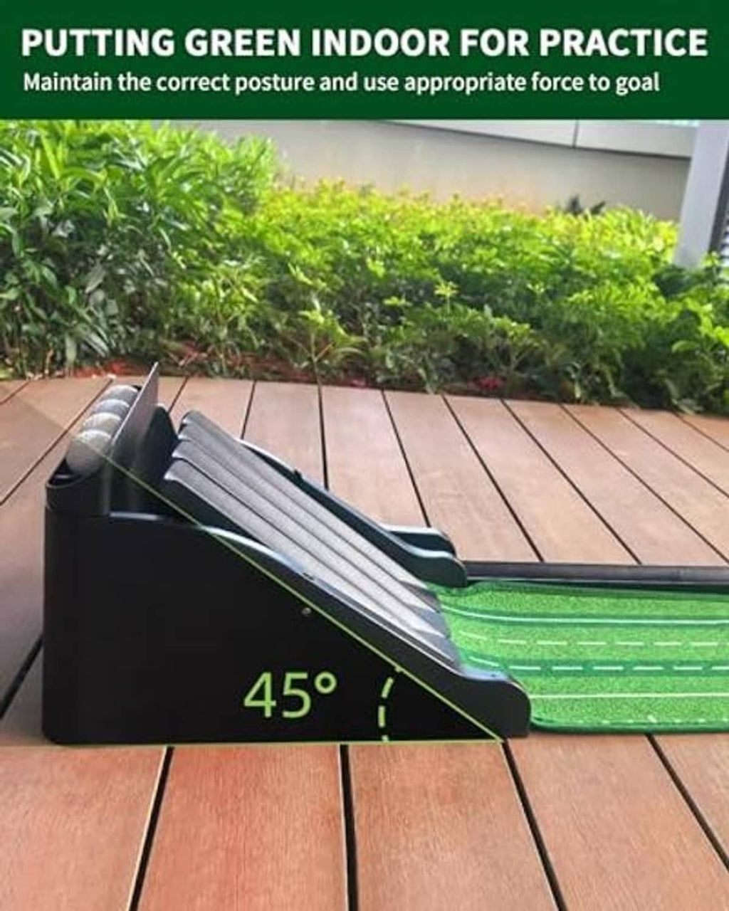 Green indoor putting mat with angled ramp track and raised black track base