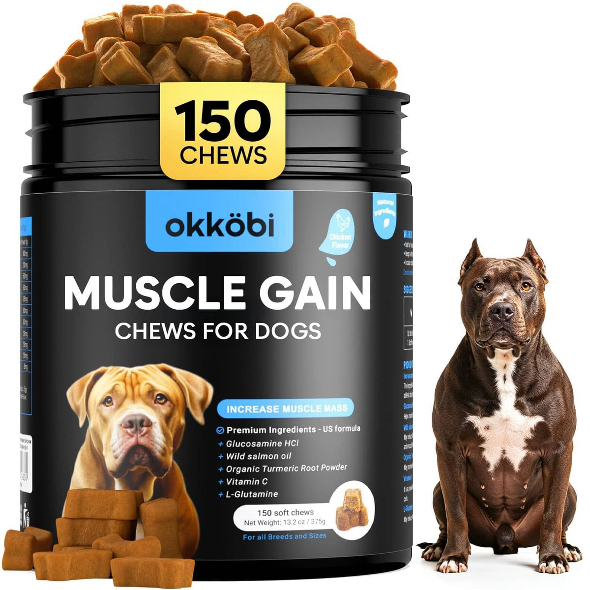 Dog muscle gain chew container showing 150 chews and chicken dog illustration