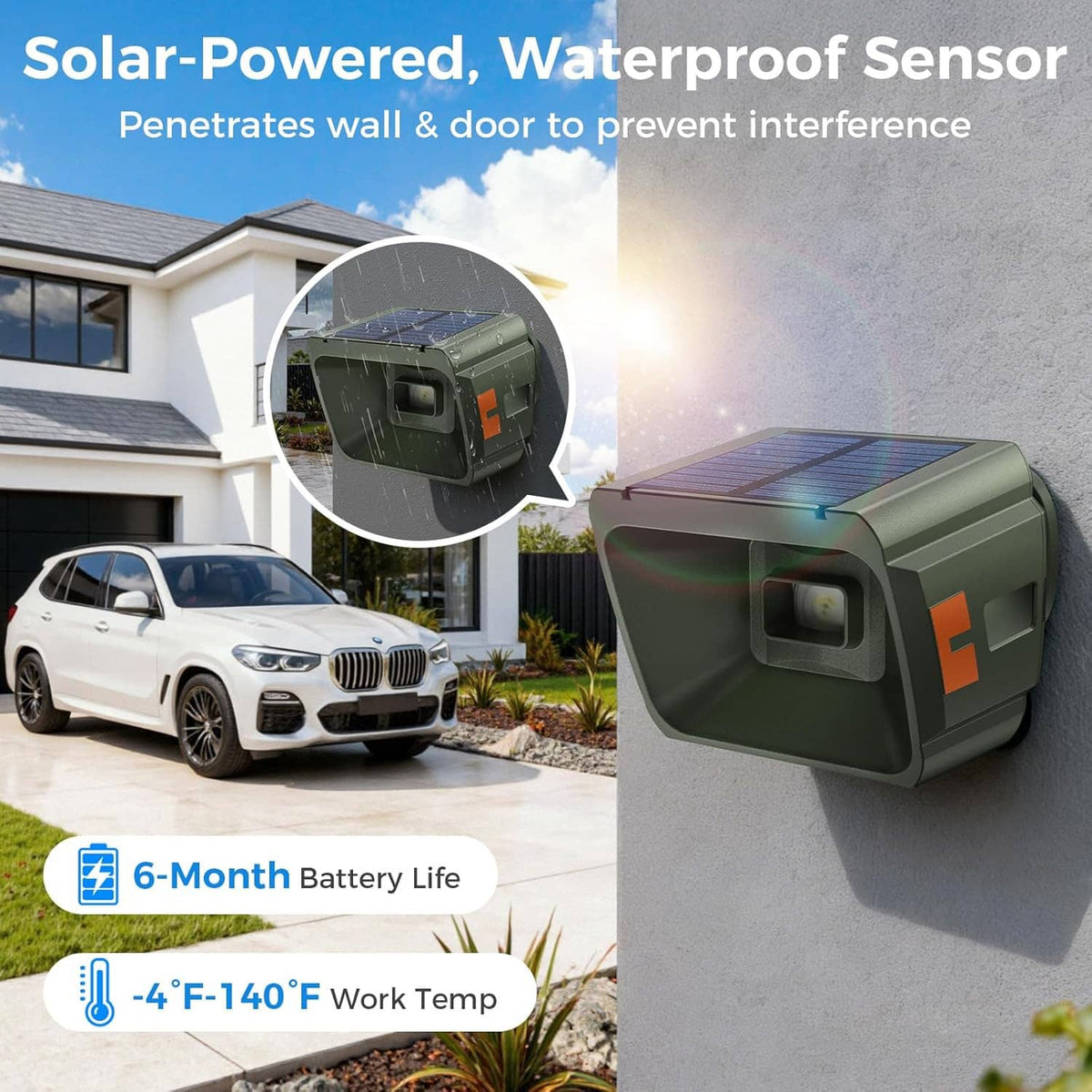 Solar-powered waterproof driveway alarm sensor with solar panel and wireless monitoring