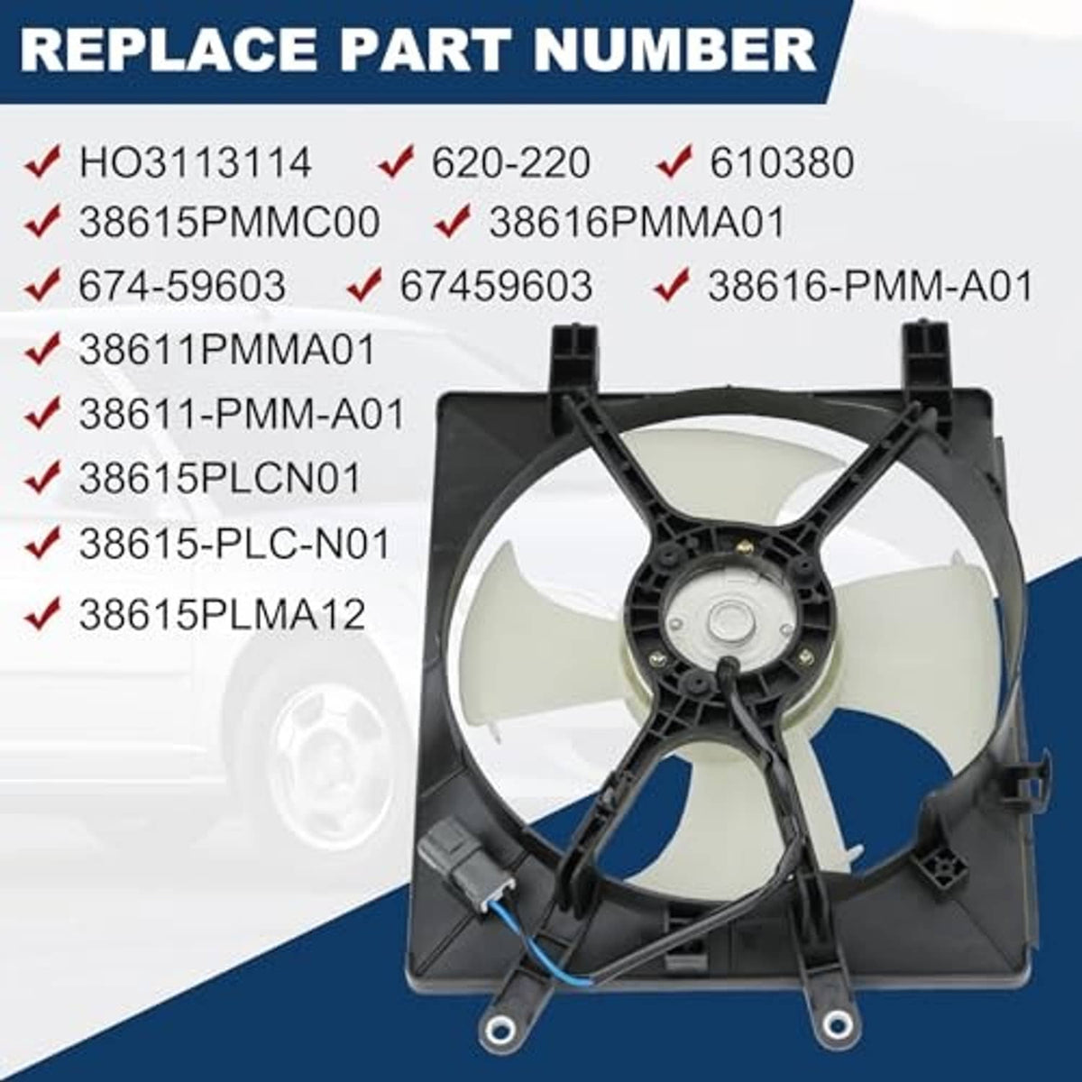 AC condenser cooling fan assembly with white fan blades and black cover frame
