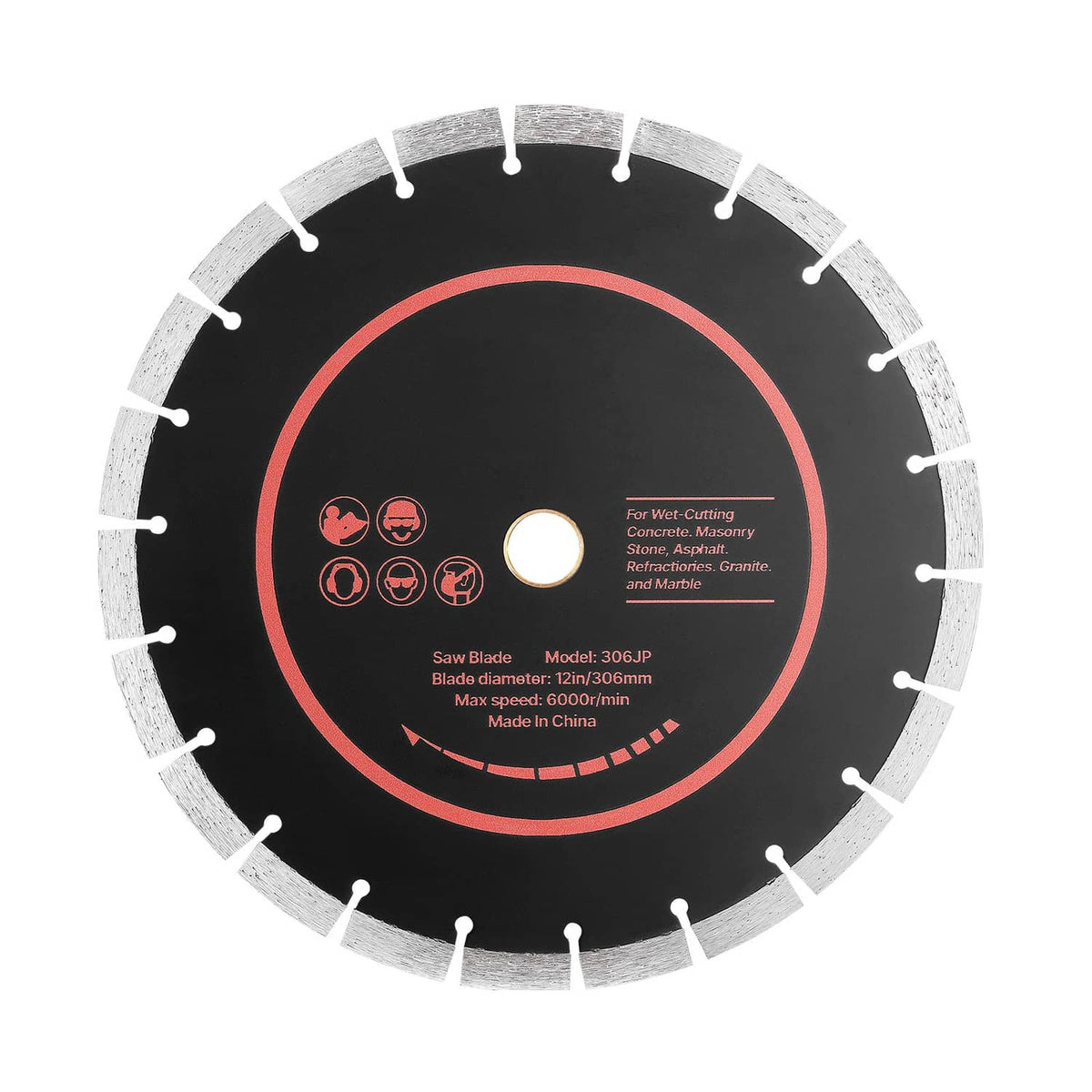 12-inch diamond saw blade with 1-inch arbor hole, black with silver segmented edge