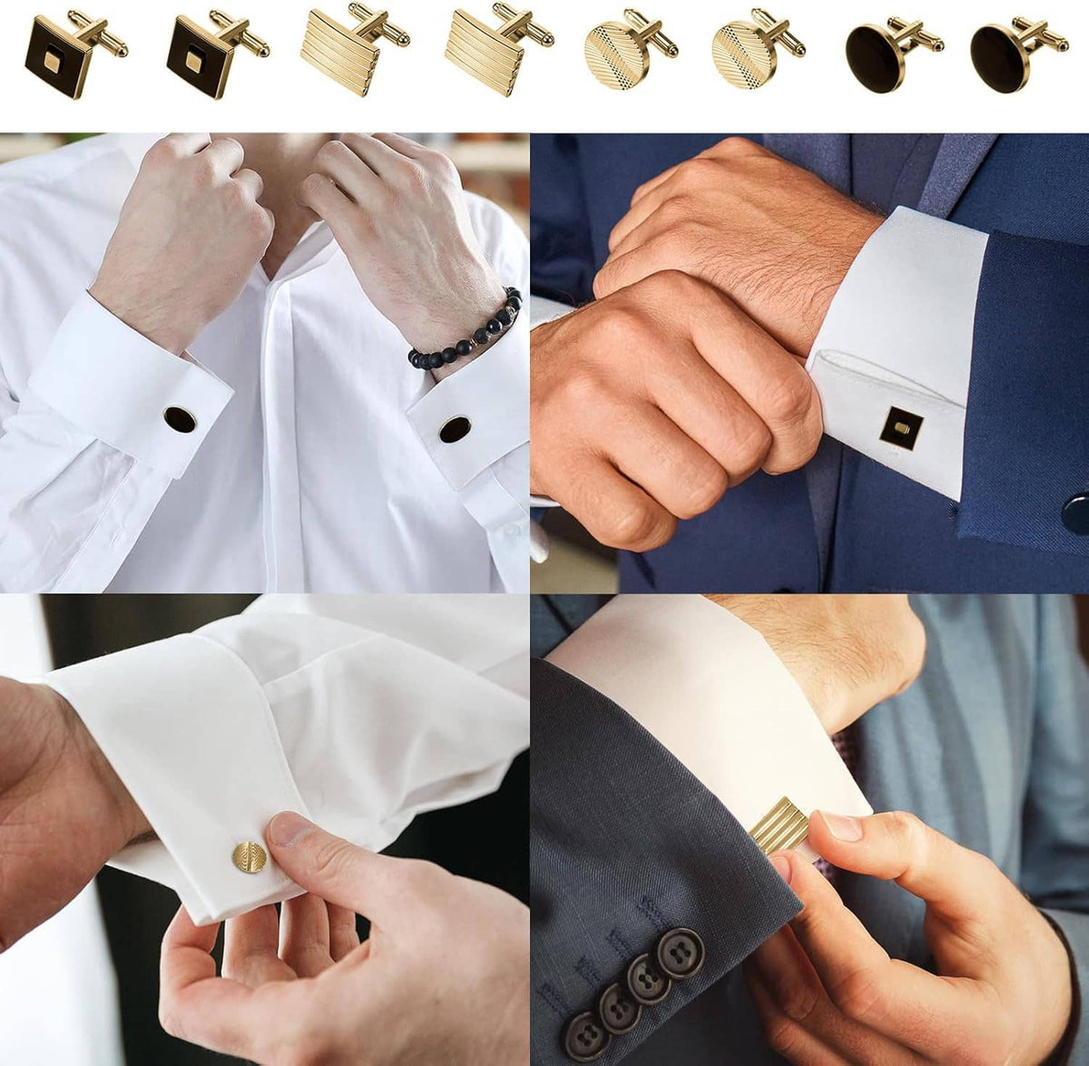 Assorted gold-tone cufflinks: black square and black round styles plus gold striped and mesh