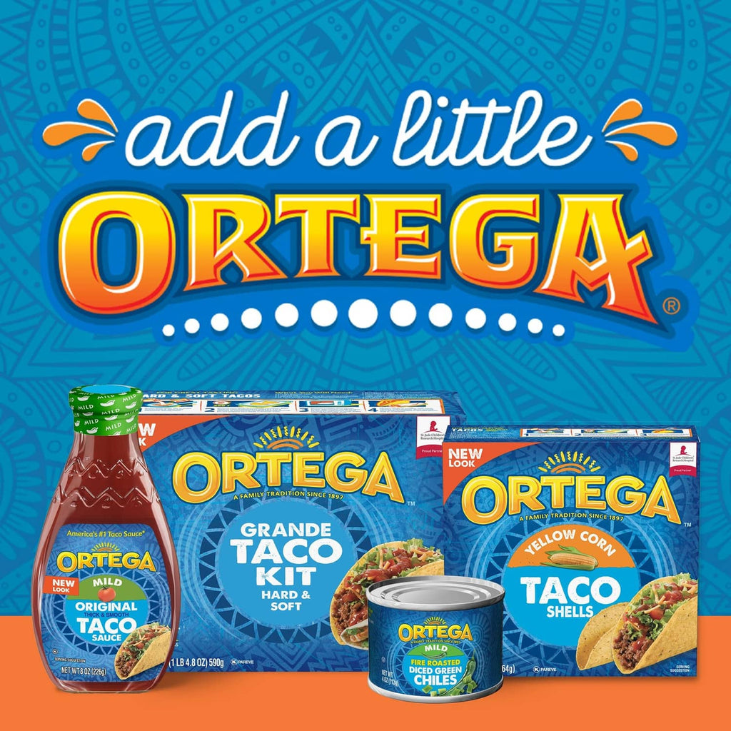 Ortega mild taco sauce promotional graphic showing sauce bottles and taco kit