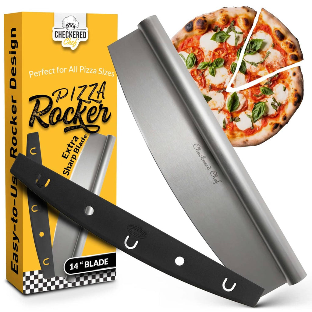 14-inch stainless steel pizza rocker cutter with black handle and sharp blade