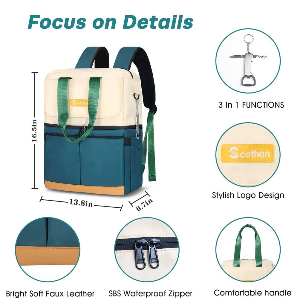 Green and cream backpack cooler with front logo patch, handle, and waterproof zipper