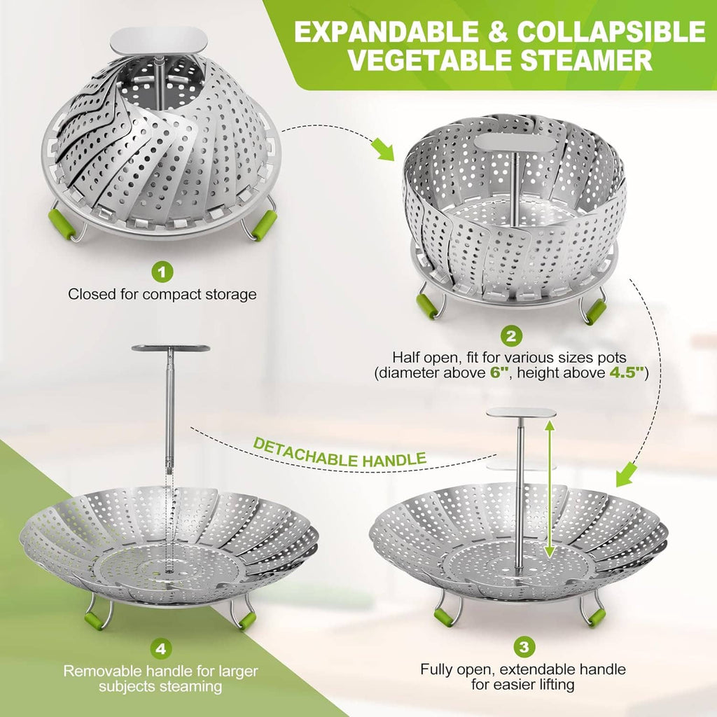 Expandable stainless steel vegetable steamer basket with green silicone support feet