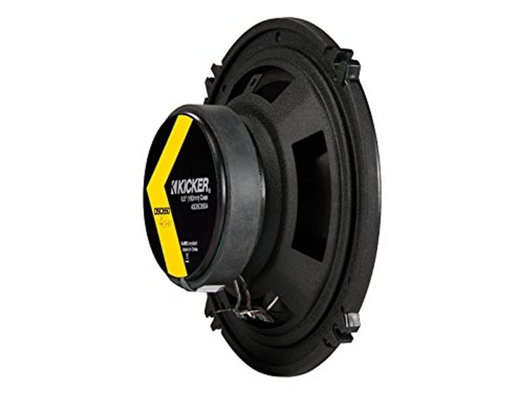 KICKER black 6.5-inch coaxial speaker, angled view with yellow spec label ring