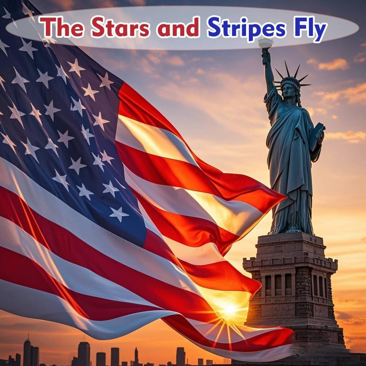US flag waving in the wind, showing red-and-white stripes and white stars on blue.