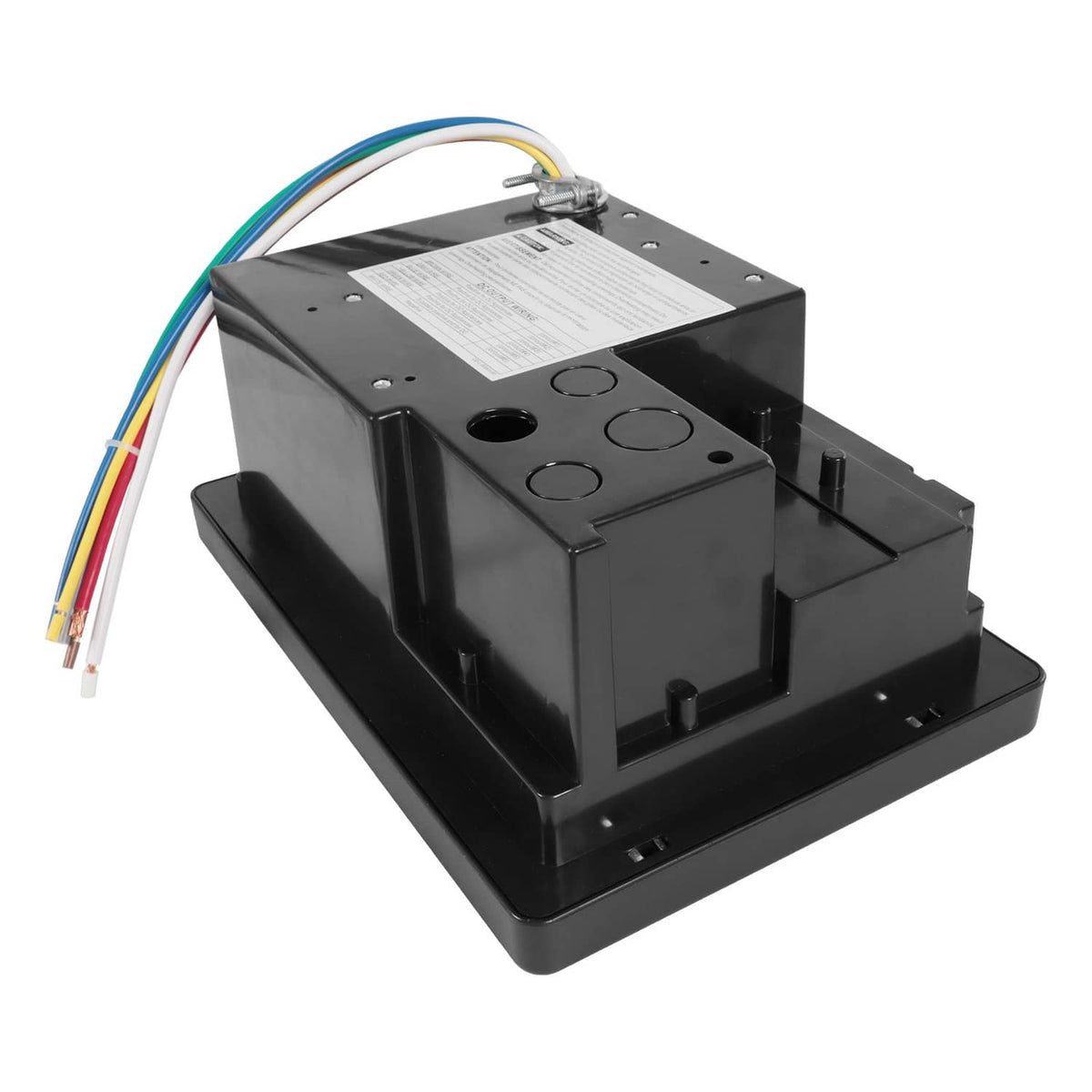 Black RV power converter battery charger with top cover and colorful wiring leads