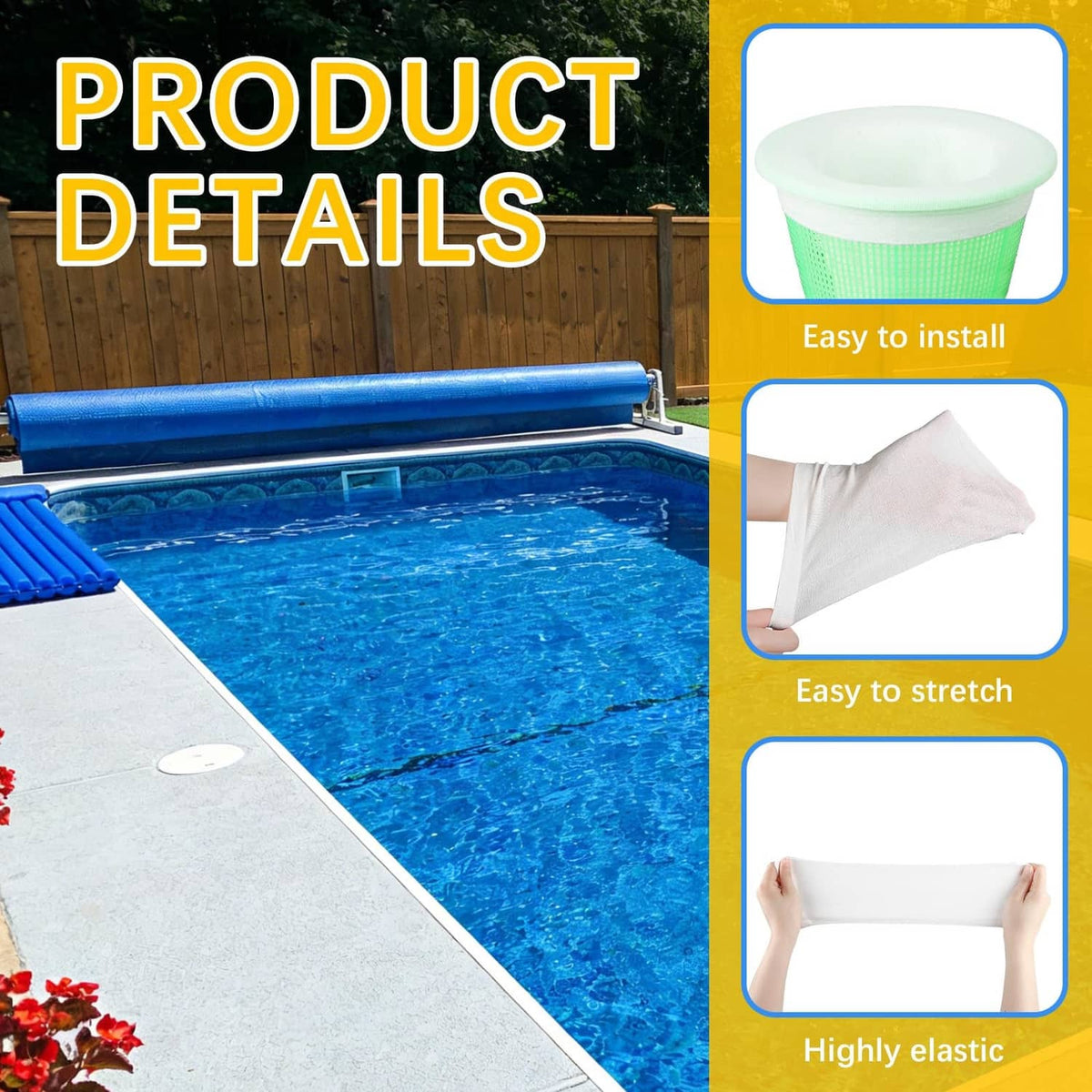White pool filter sock set, elastic mesh design that stretches for skimmer baskets