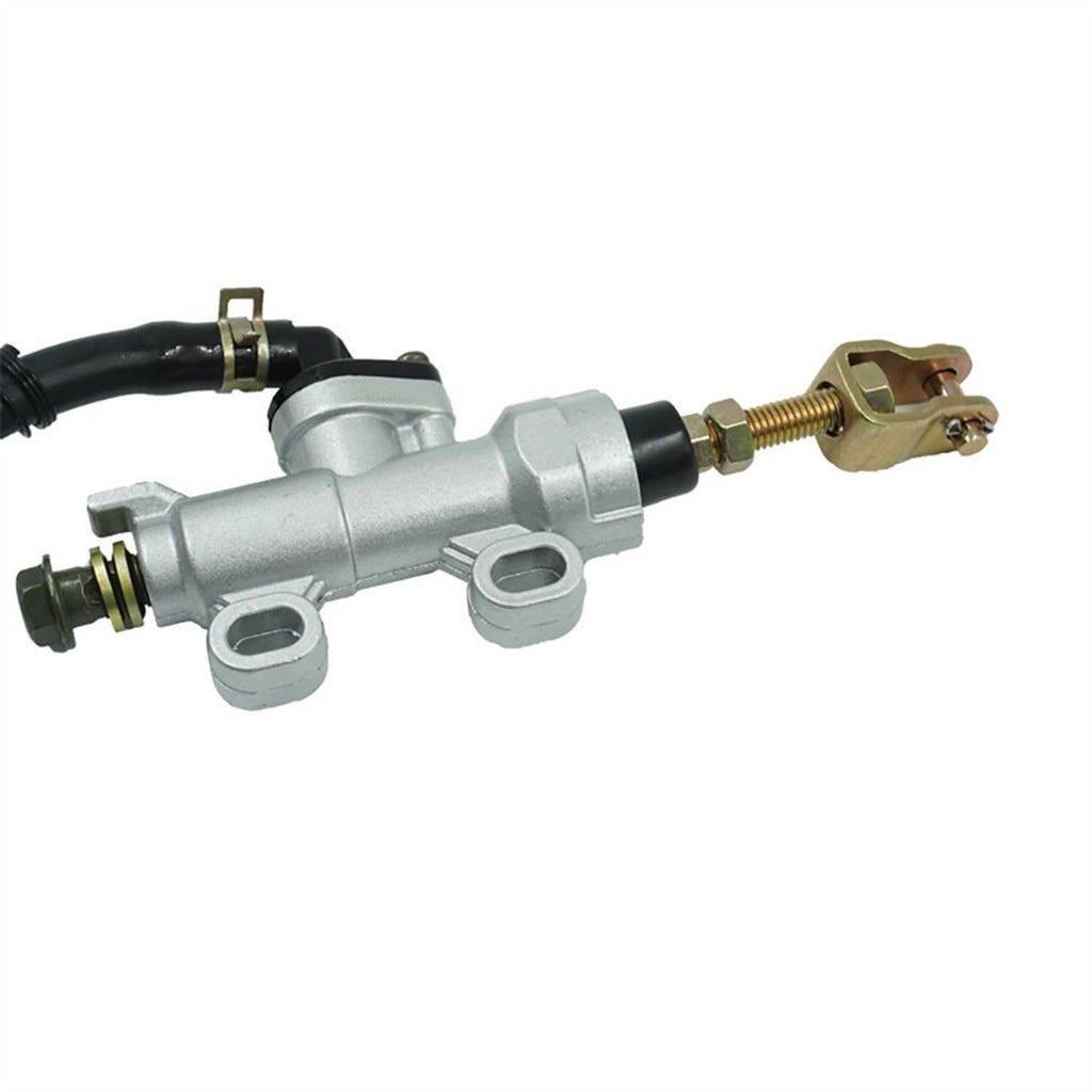 Silver rear brake master cylinder pump with brass rod, lever mount, and black cable