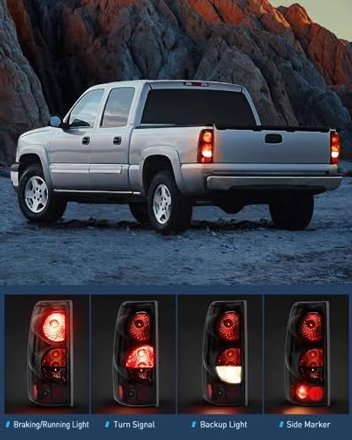 Installed smoked taillight assembly on pickup truck, black housing with red tail lights