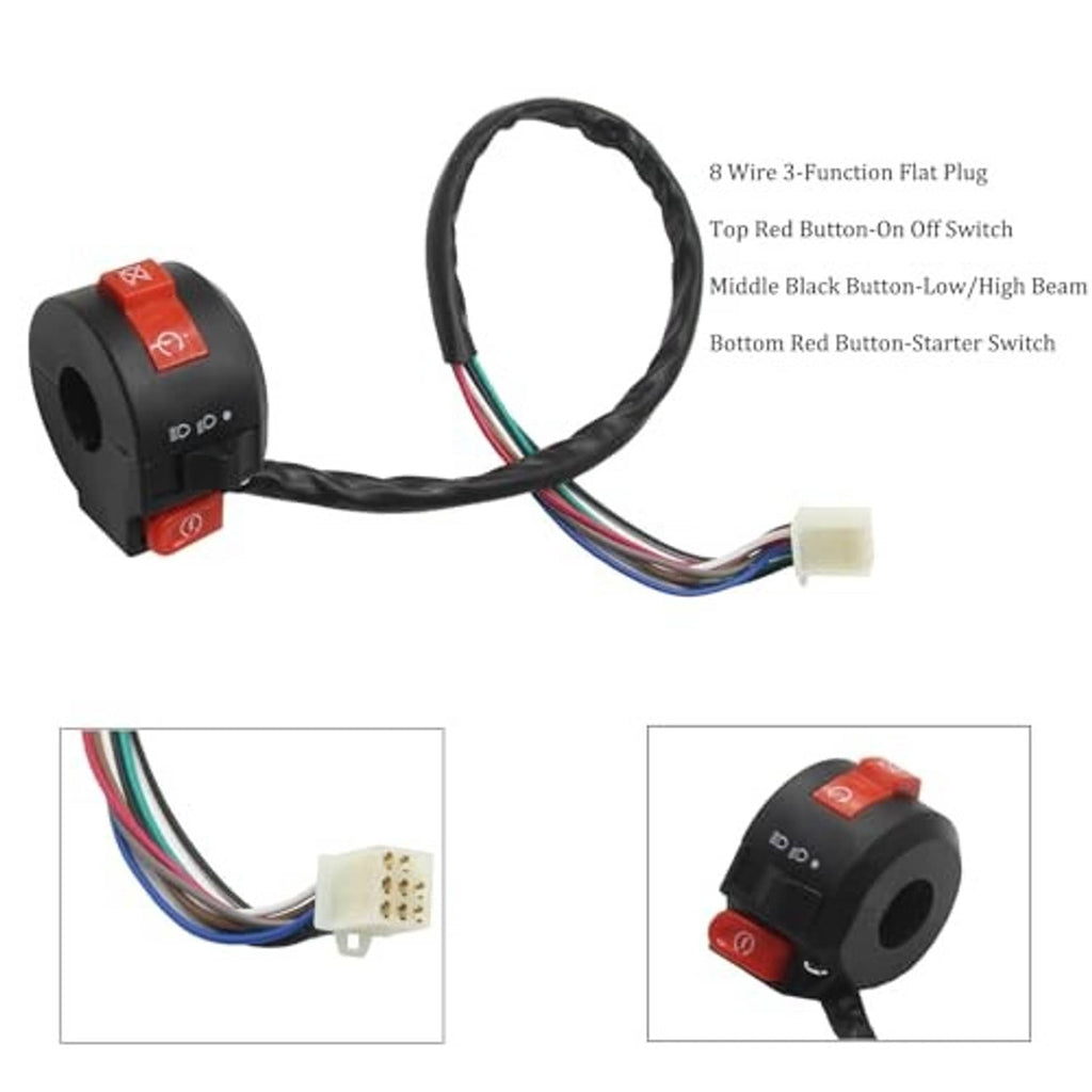 Three-function left handlebar switch with red top button, black beam control, 8-wire plug