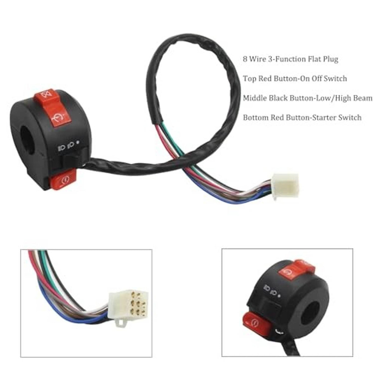 Three-function left handlebar switch with red top button, black beam control, 8-wire plug