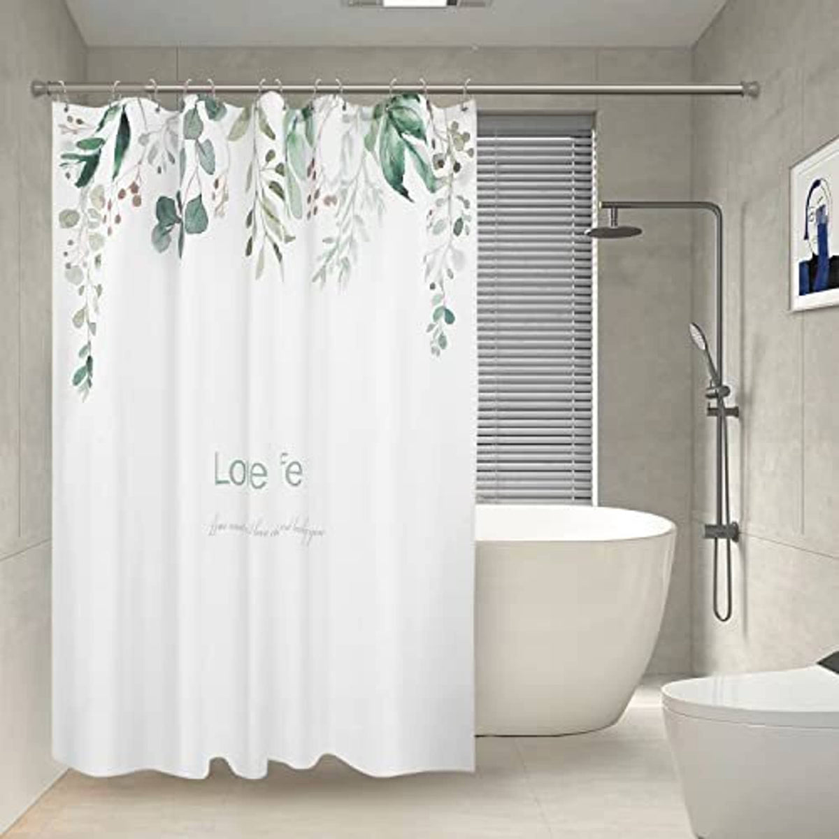 Shower curtain hanging on double shower hooks from a straight rod, silver metal loops