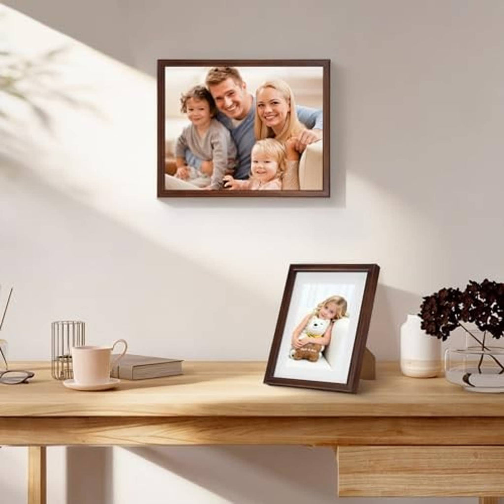 Dark walnut 8x10 photo frame with clear glass, wall display