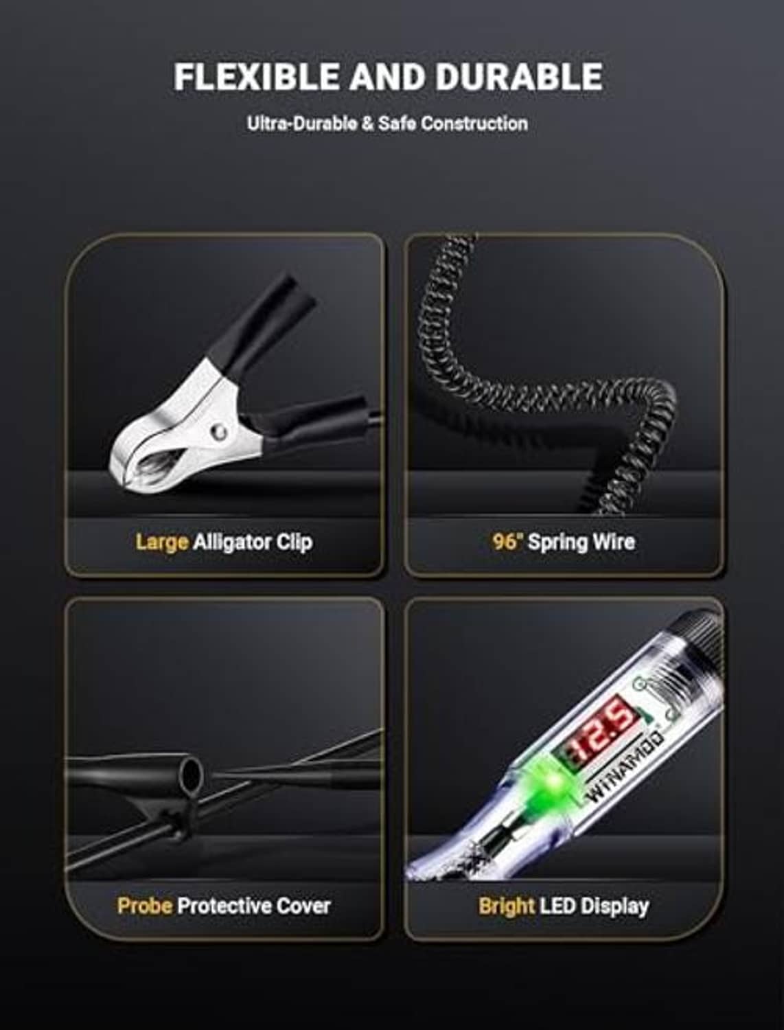 Automotive circuit tester with alligator clip, spring wire, and probe protective cover