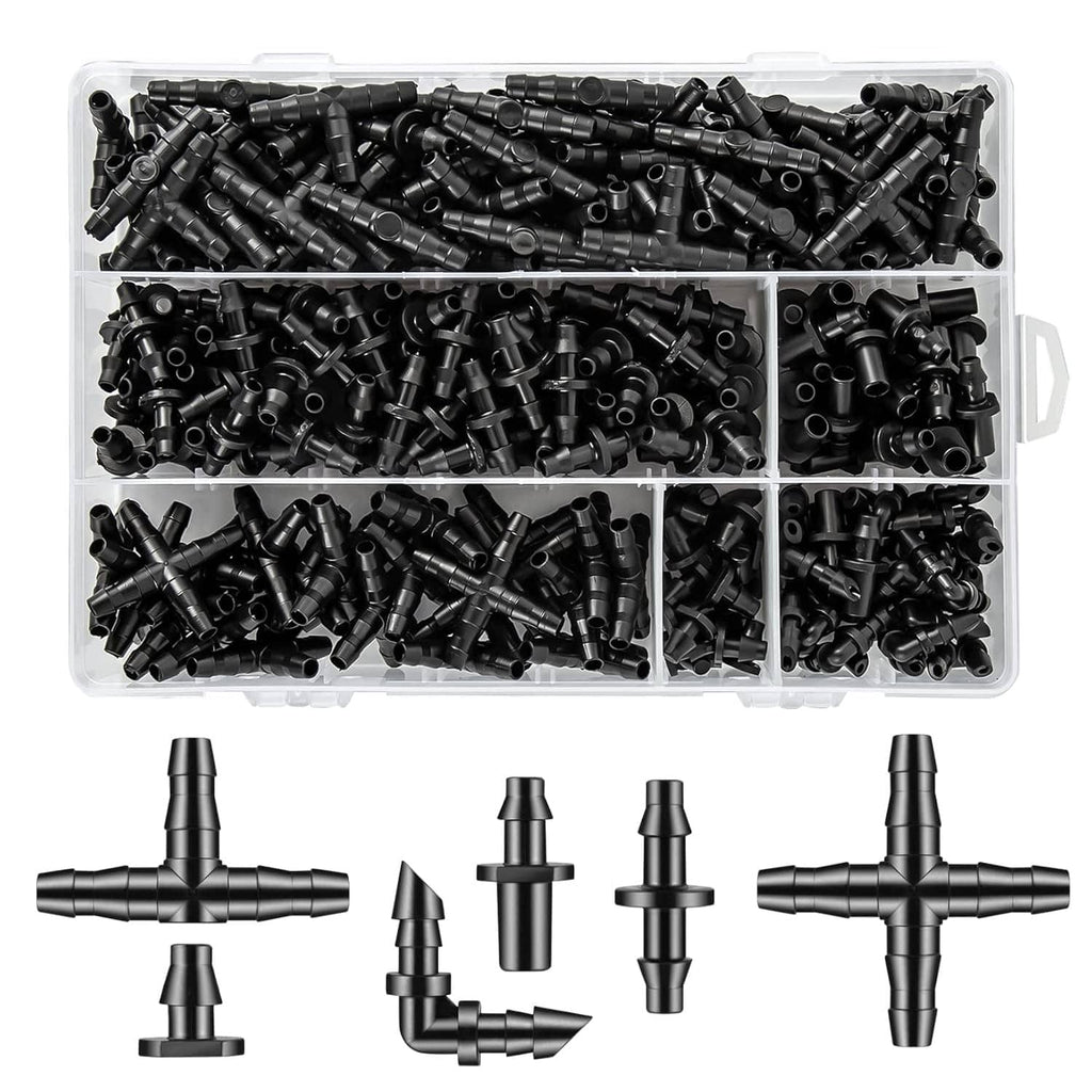Pack of black barbed drip irrigation connectors and fittings in a clear storage case