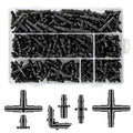 Pack of black barbed drip irrigation connectors and fittings in a clear storage case