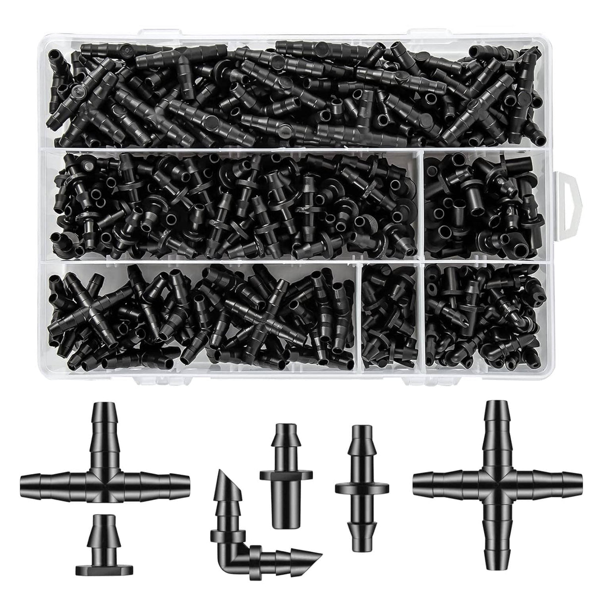 Pack of black barbed drip irrigation connectors and fittings in a clear storage case