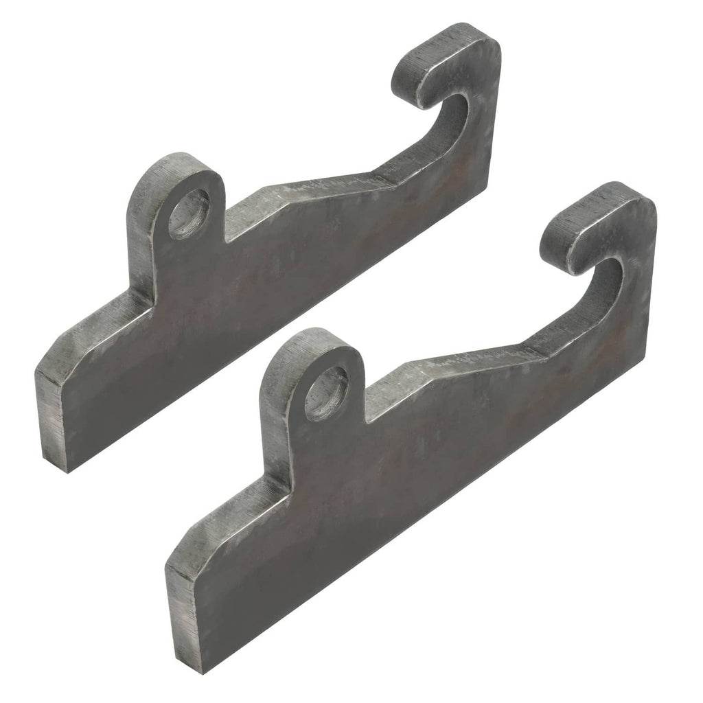 Two dark steel loader bracket couplers with U-shaped slots and wear ears