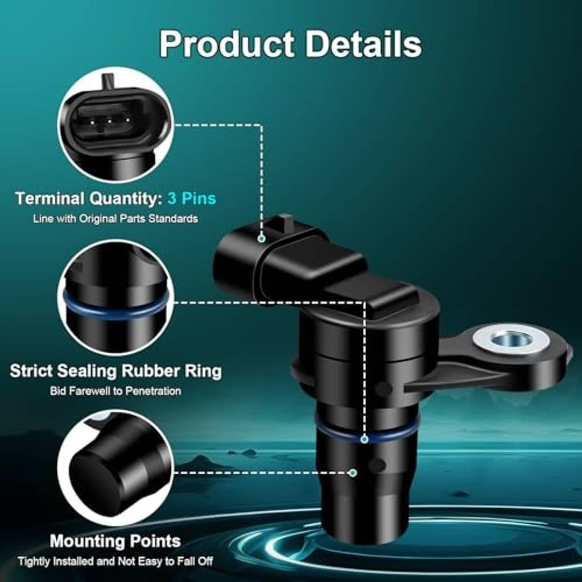 Camshaft position sensor diagram with 3-pin connector, sealing rubber ring