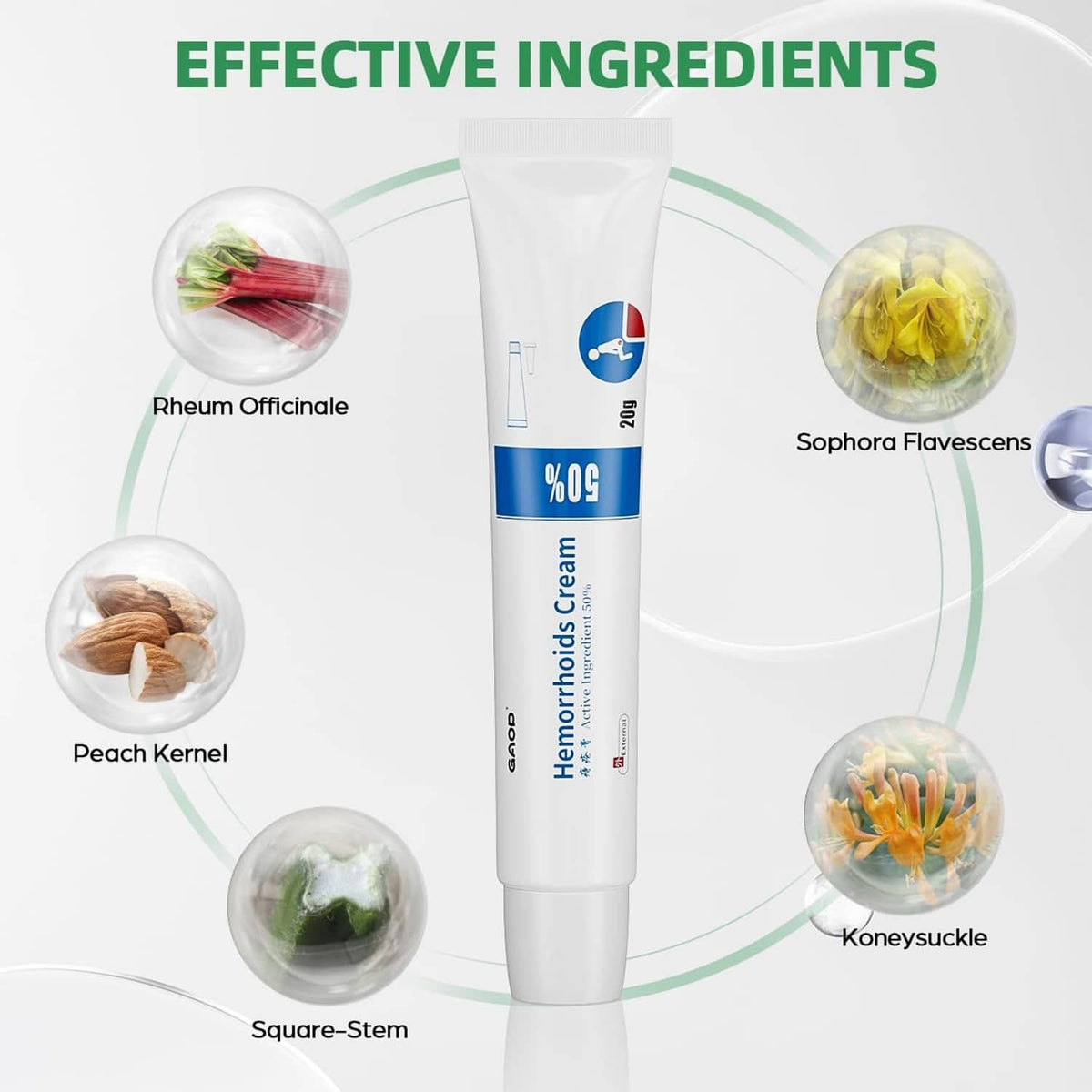White hemorrhoid cream tube with blue % 50 label, 20 g, ingredient icons around