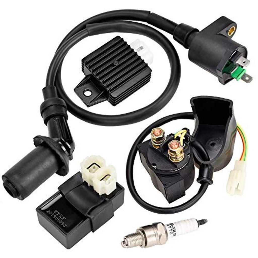 Ignition coil and CDI relay kit with spark plug, black cable bundle
