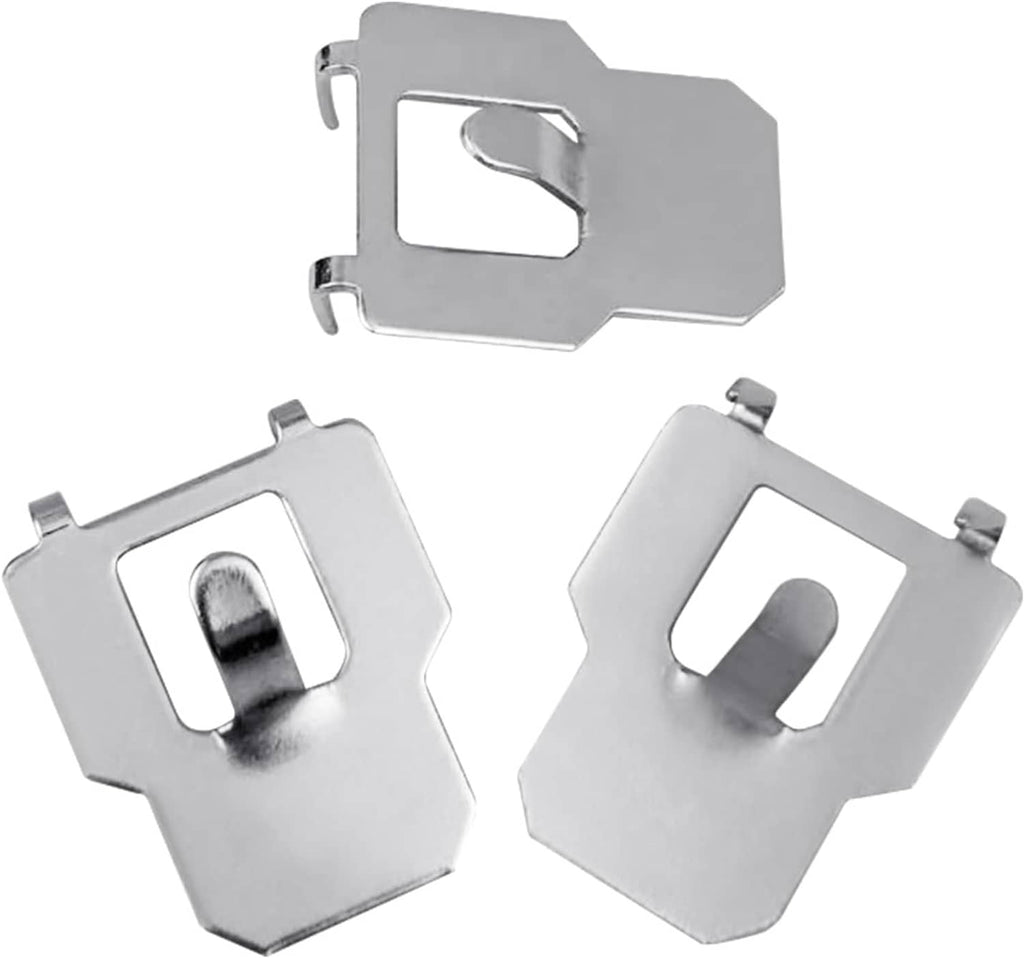 Two silver metal claw drywall picture hangers with looped mounting tabs