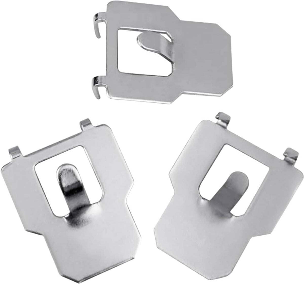 Two silver metal claw drywall picture hangers with looped mounting tabs