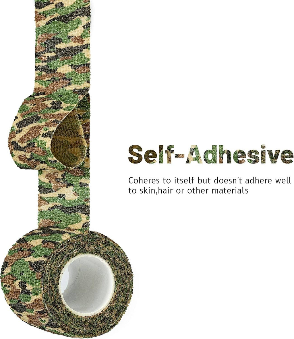 Camouflage self-adhesive athletic tape roll end with white inner backing and textured outer weave.