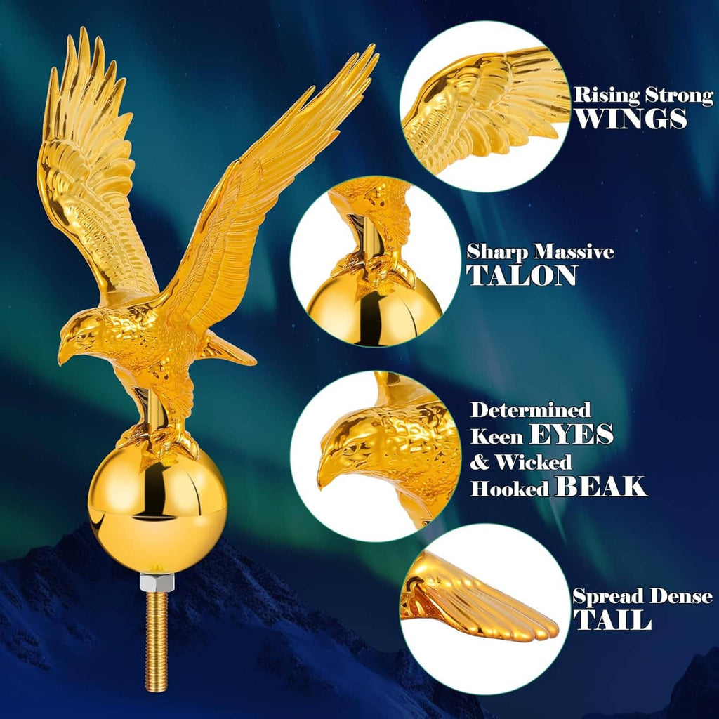 Golden eagle flagpole topper with close-up talon and wing details