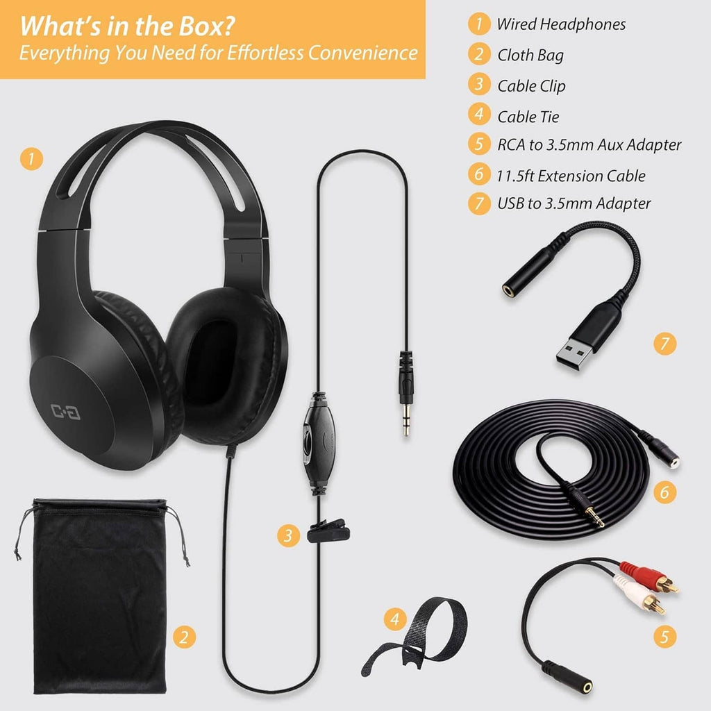 Wired headphones kit with headphones, extension cable, adapters, and storage pouch