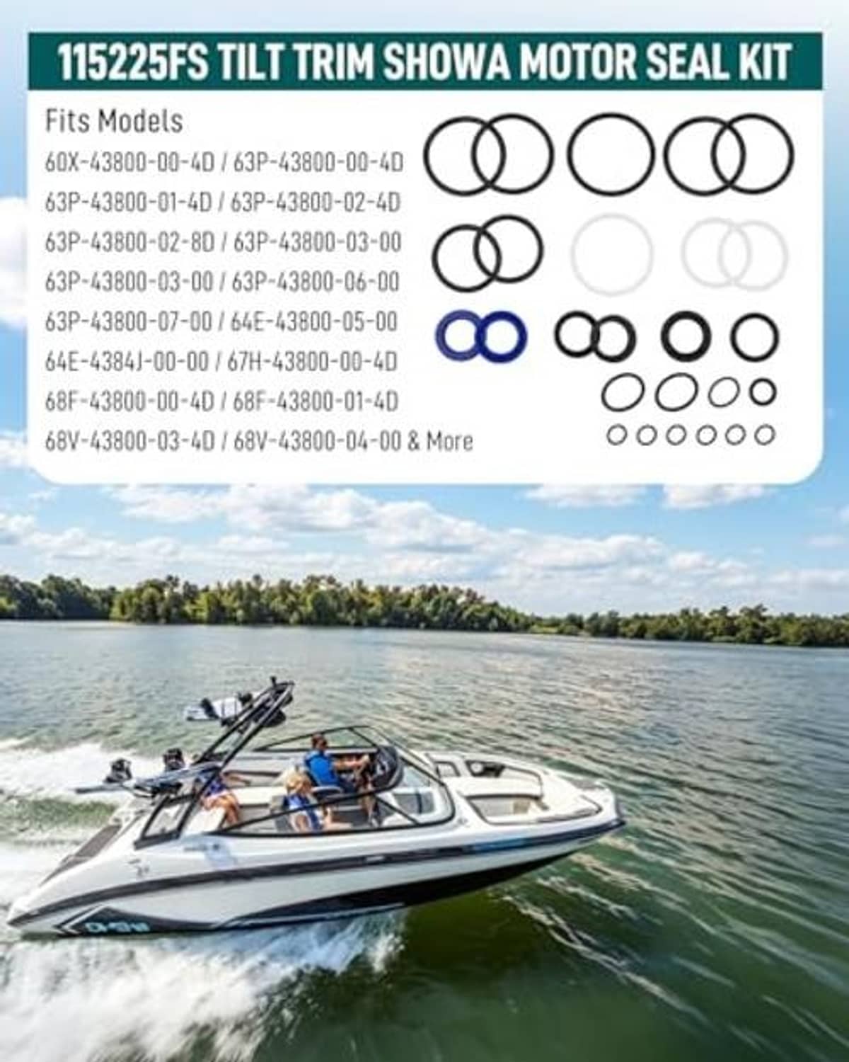 Tilt trim seal kit box with assorted black and blue O-rings on the top insert