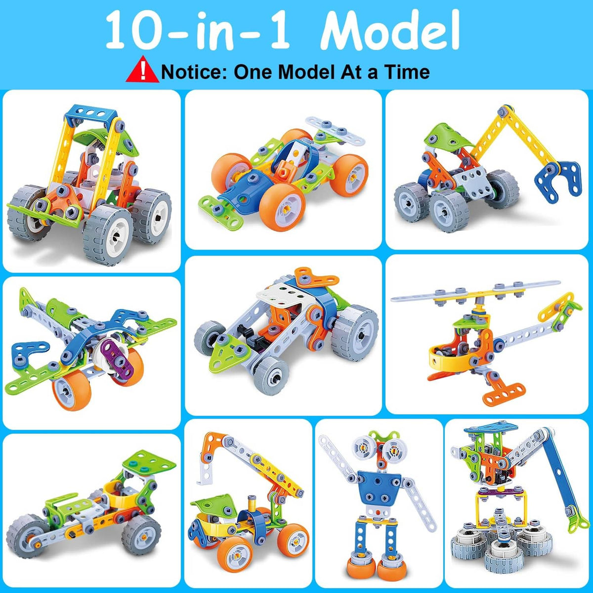 Multicolor 10-in-1 model lineup showing multiple vehicle and robot builds