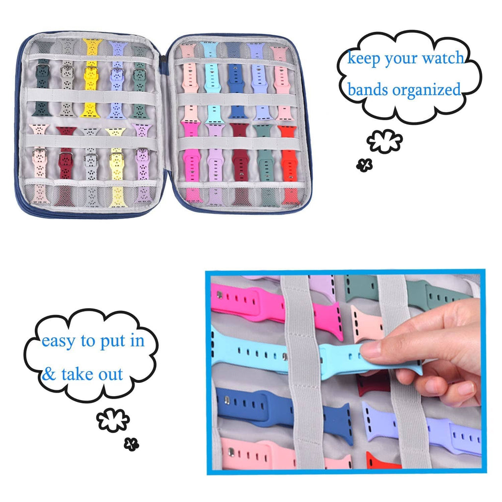 Blue watch band storage case open, elastic holders for multiple colorful watch bands