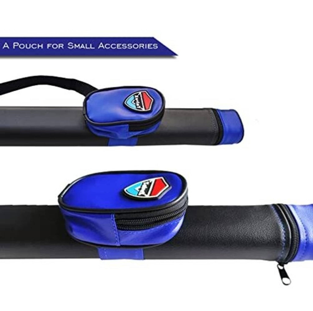 Pool cue case accessory pouch on side with zipper and blue trim