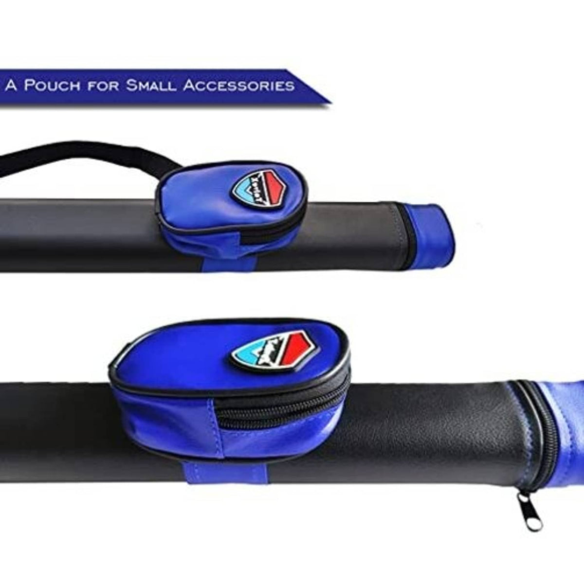 Pool cue case accessory pouch on side with zipper and blue trim