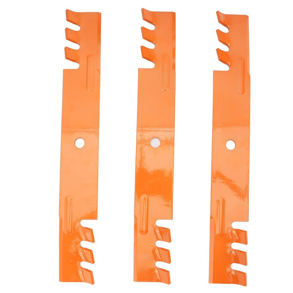 Set of three orange deck mower blades with mounting holes and notched cutting edges
