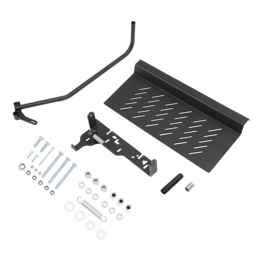 Lawn mower chute blocker kit with mounting bracket, shield, and hardware parts