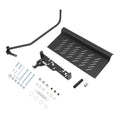 Lawn mower chute blocker kit with mounting bracket, shield, and hardware parts