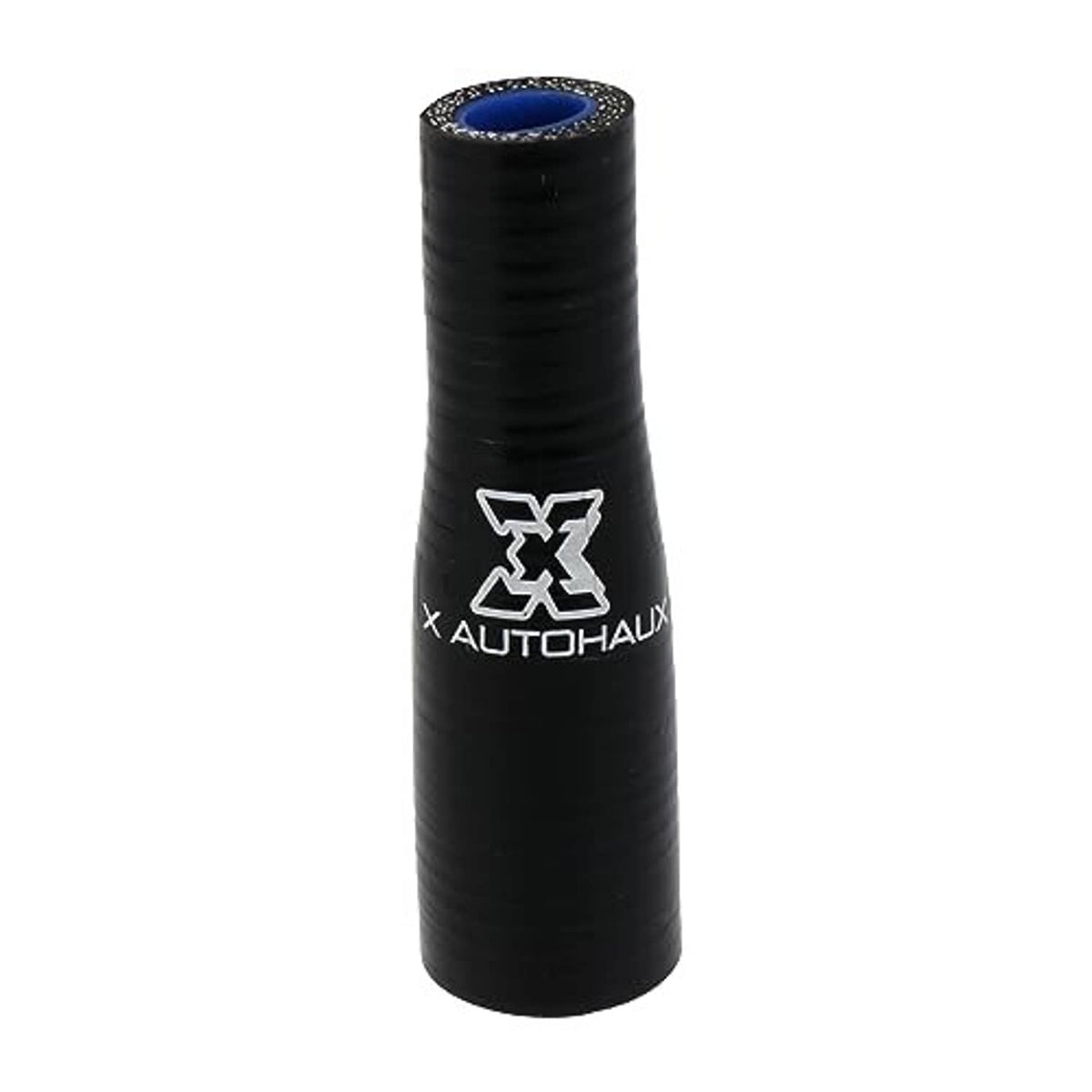 Black rubber straight hose reducer, blue inner lining, embossed logo on side