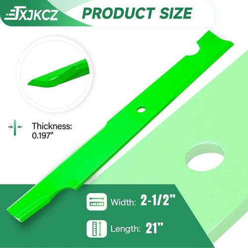 Green mower blade with center and mounting holes; width 2-1/2 in, length 21 in.