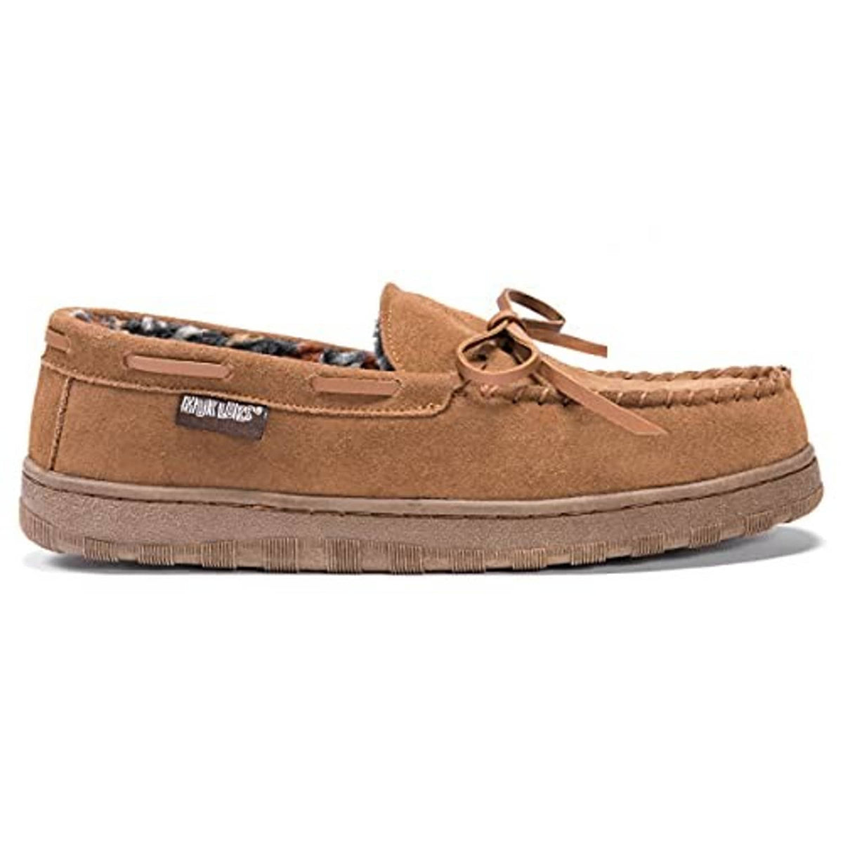 Tan suede moccasin slipper with contrast stitched seams, padded sole, lace tie