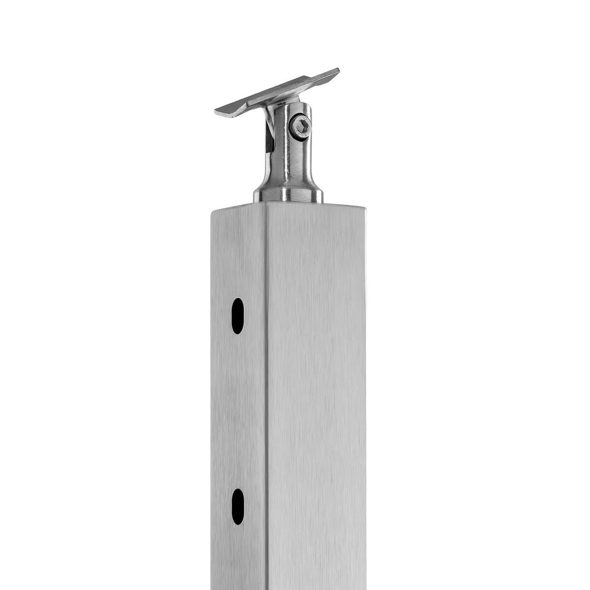 Brushed stainless steel cable railing post with 30° angled holes and top bracket